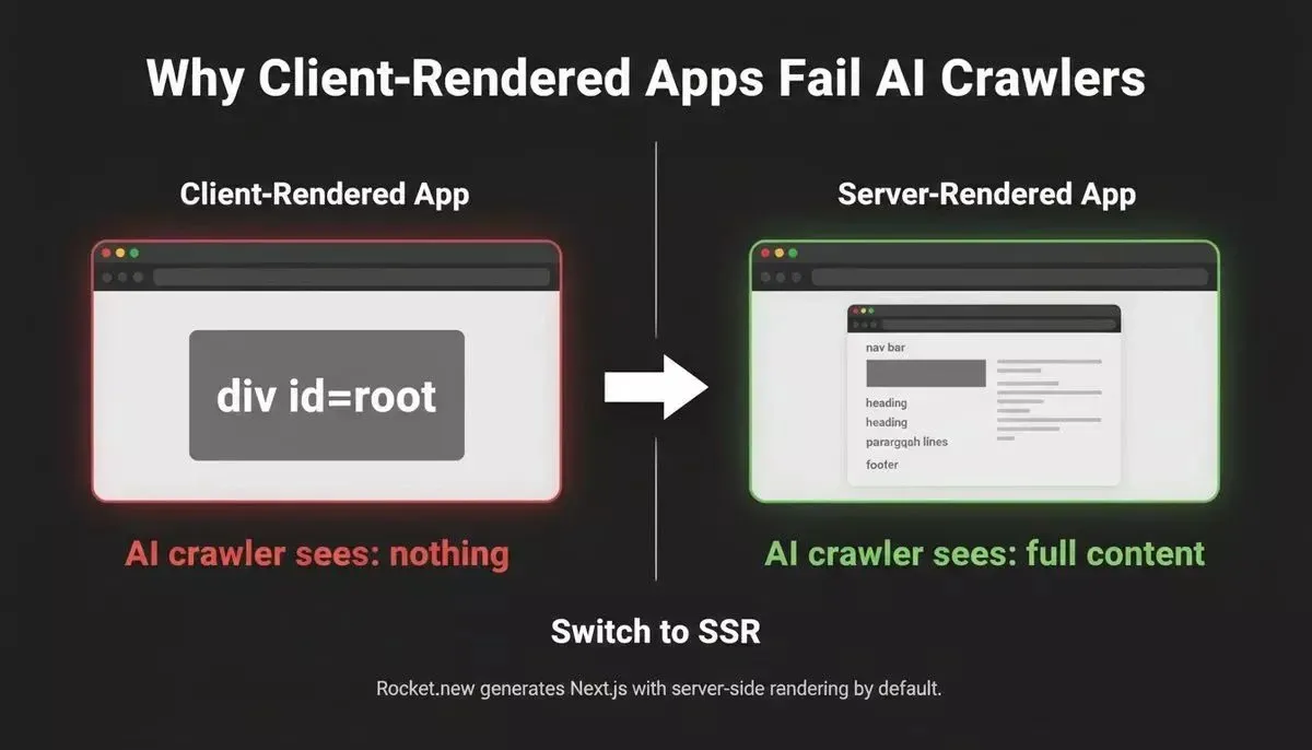 Why Client-Rendered Apps Fail AI Crawlers: left panel shows empty div id root, right panel shows full server-rendered HTML content