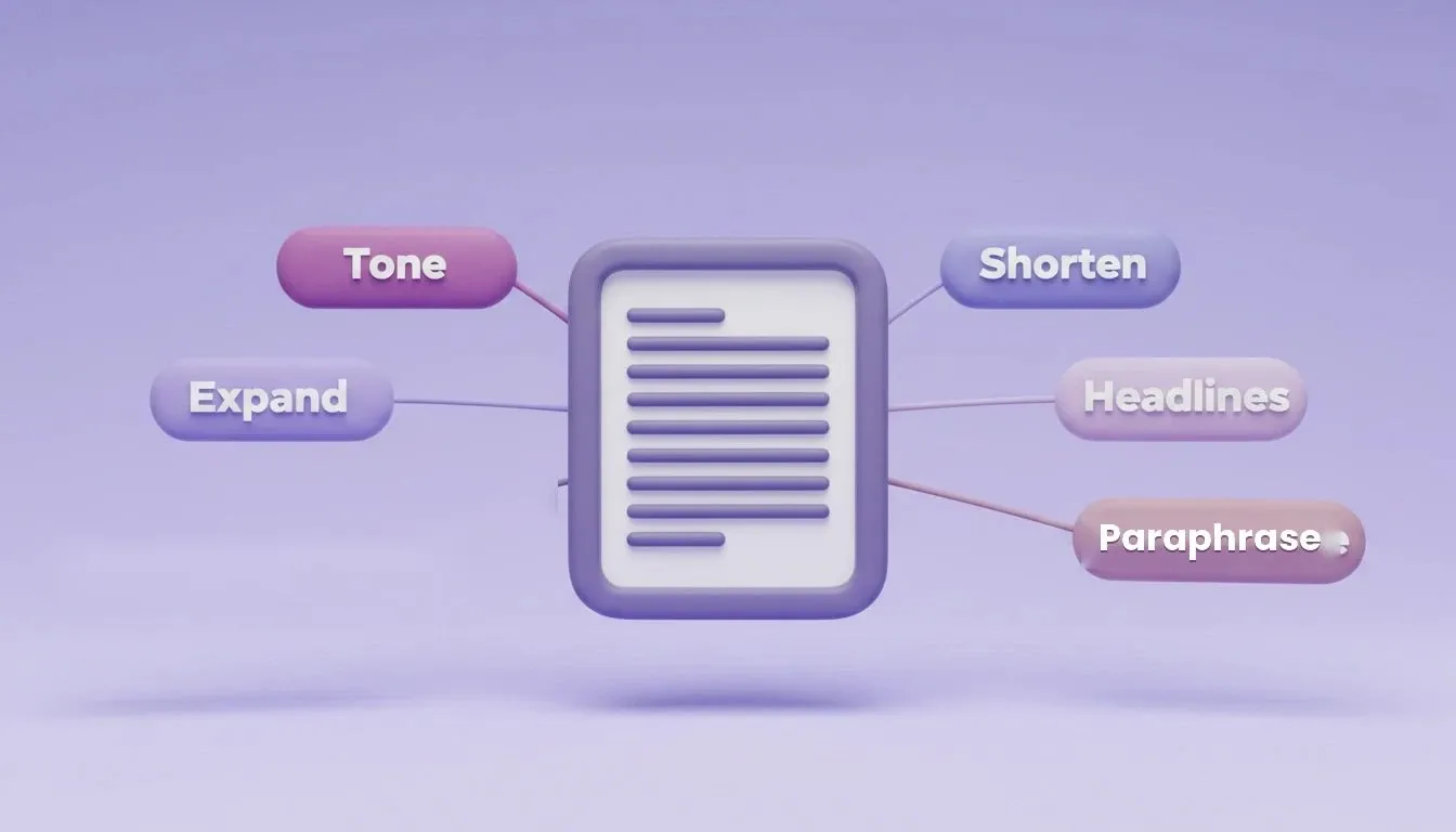 Five AI writing actions floating around a document card: Tone, Expand, Shorten, Headlines, Paraphrase