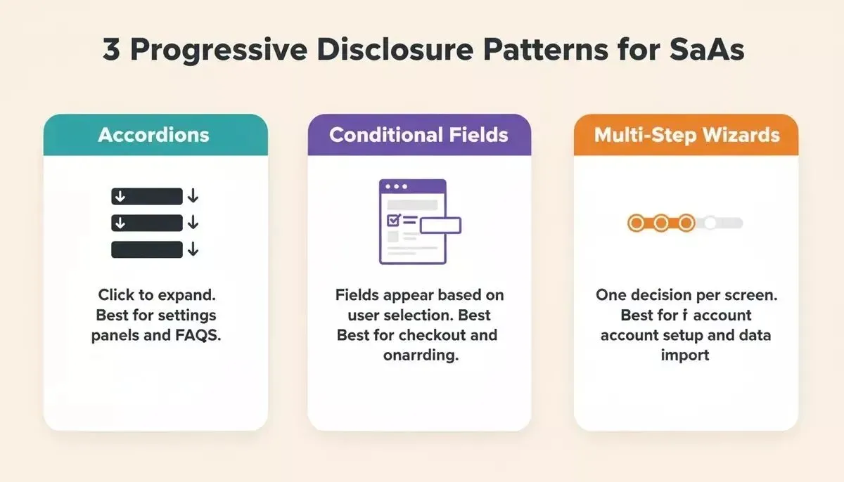 Three progressive disclosure patterns for SaaS - accordions, conditional fields, multi-step wizards