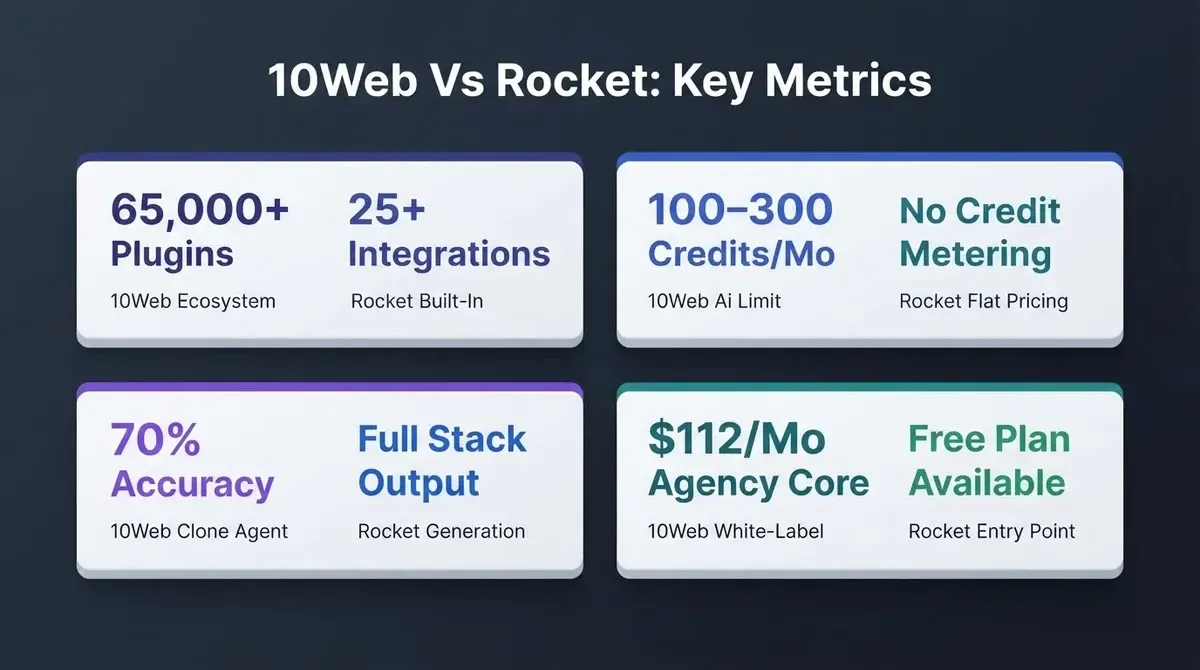 Four-tile metric comparison of 10Web versus Rocket across plugin ecosystem, credit limits, agent accuracy, and pricing entry points
