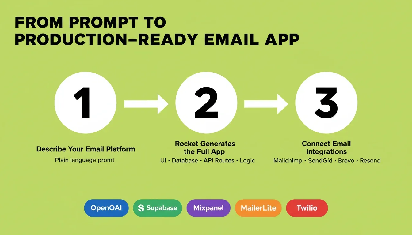 From Prompt to Production-Ready Email App — 3-step flow: describe platform, Rocket generates the app, connect email integrations including Mailchimp, SendGrid, Brevo, and Resend