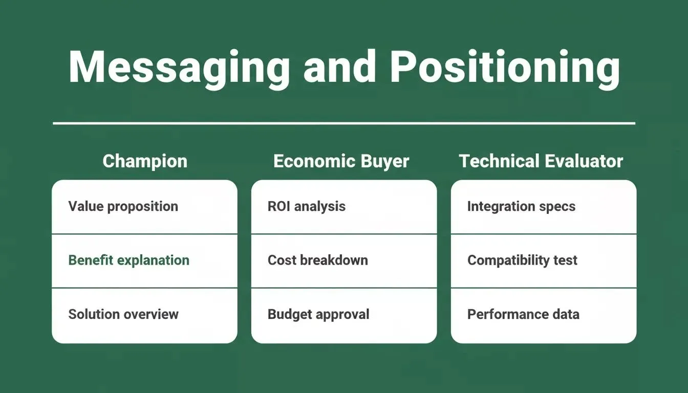 Messaging and Positioning matrix showing Champion, Economic Buyer, and Technical Evaluator columns across Awareness, Consideration, and Decision rows on forest green background