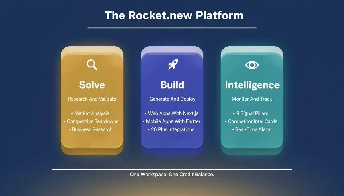 Rocket.new three-pillar platform: Solve for research, Build for web and mobile app generation with 26 integrations, Intelligence for competitor monitoring