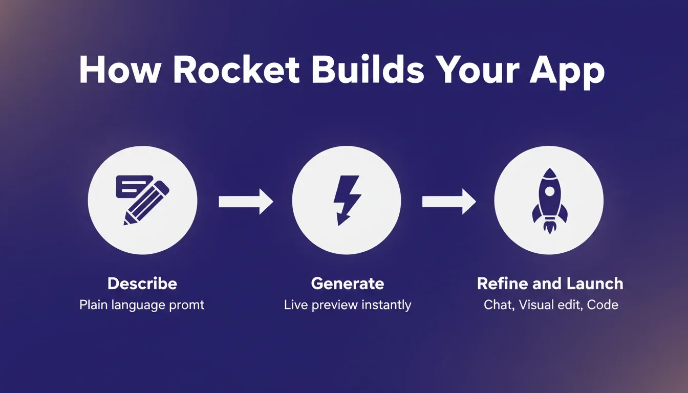 How Rocket Builds Your App — an indigo-purple infographic showing the three-step process: Describe, Generate, Refine and Launch