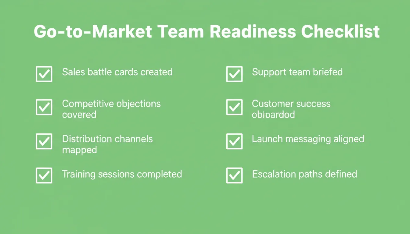 Go-to-Market Team Readiness Checklist — 8 items including sales battle cards, competitive objections, support briefing, and launch messaging alignment