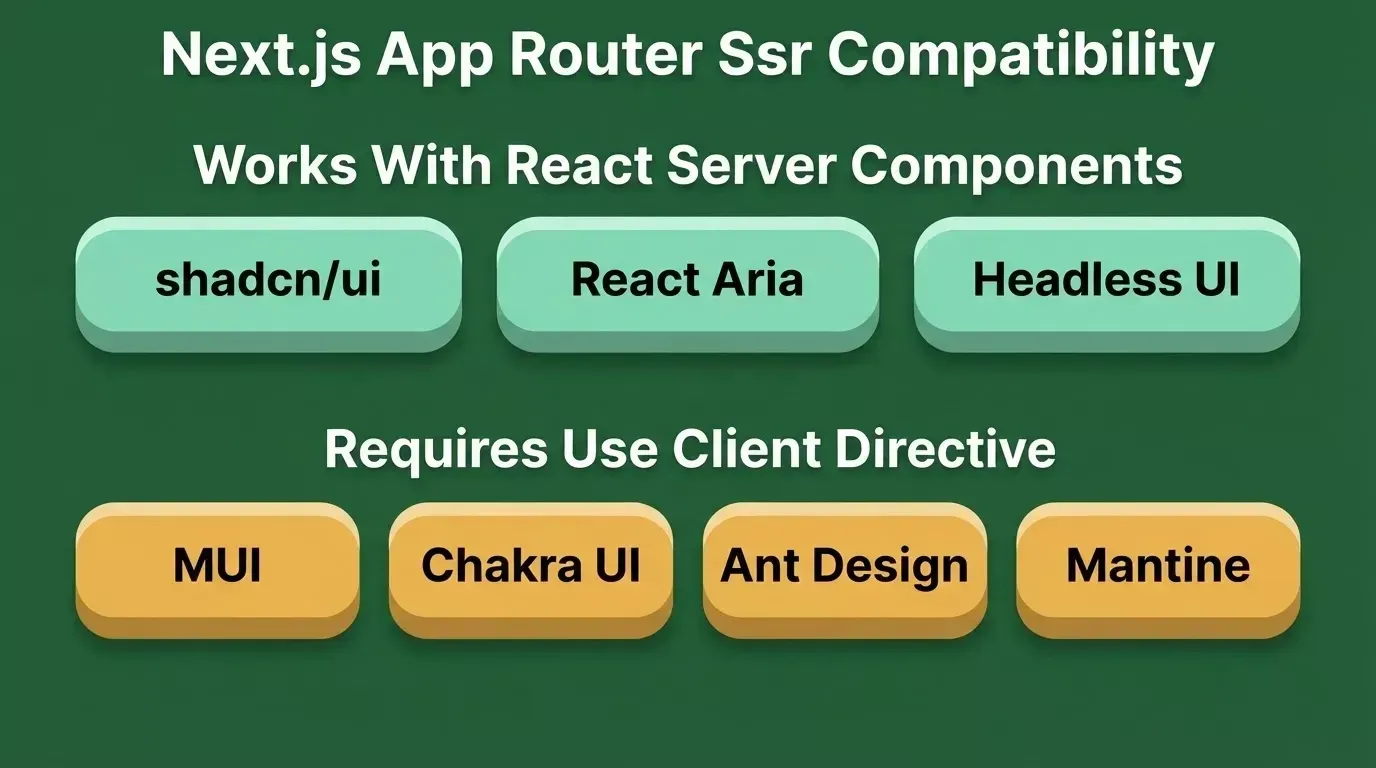 Next.js App Router SSR compatibility: shadcn/ui, React Aria, Headless UI work natively with React Server Components; MUI, Chakra UI, Ant Design, Mantine require use client directive