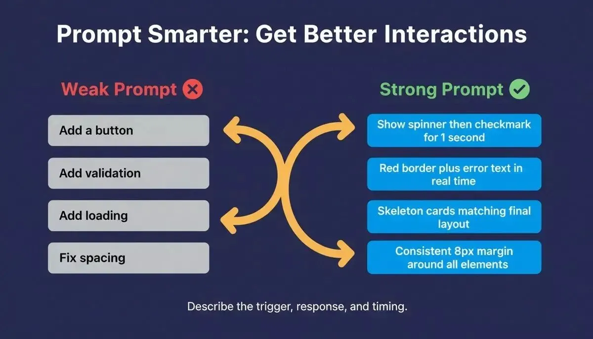 Prompt engineering guide showing weak vs strong prompts for micro-interactions