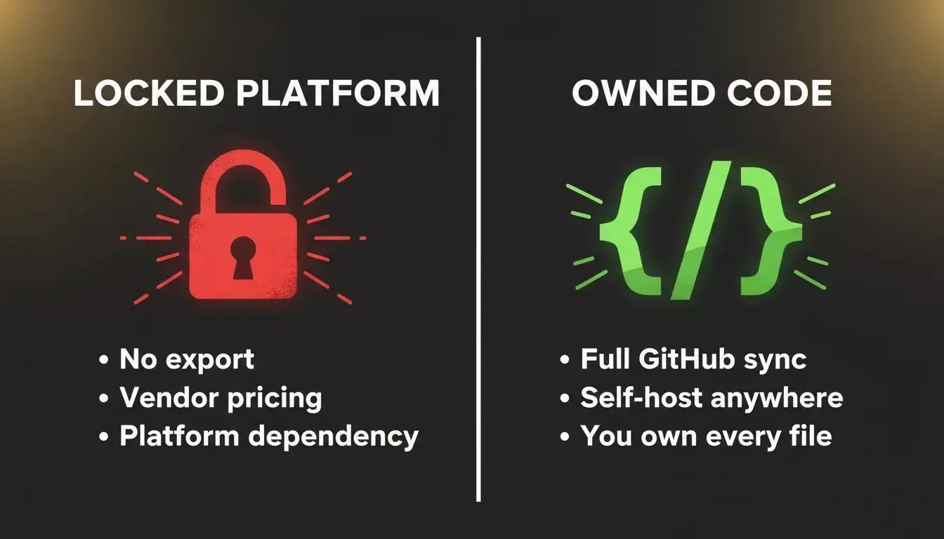 Locked Platform vs Owned Code comparison: No export, vendor pricing, platform dependency vs Full GitHub sync, self-host anywhere, you own every file