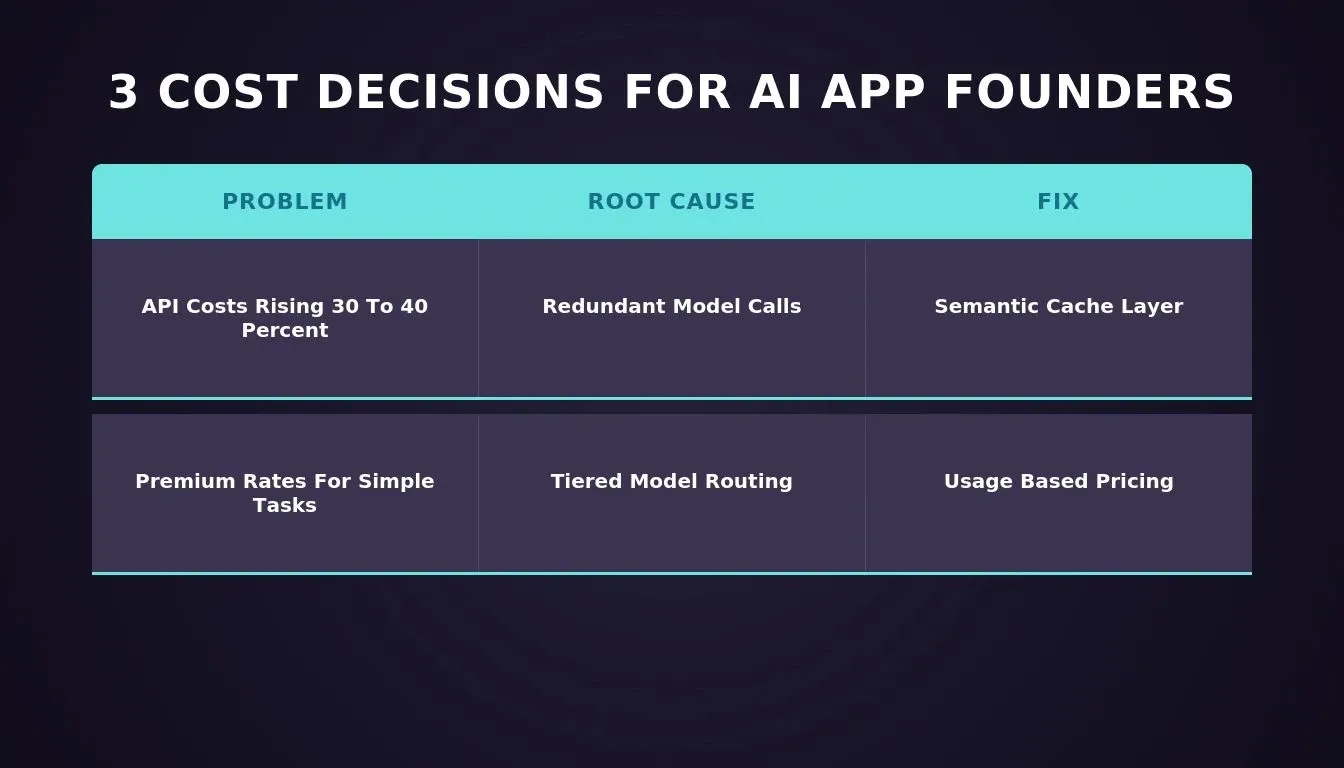 Problem, Root Cause, and Fix for AI app infrastructure cost challenges including caching, tiered model routing, and usage-based pricing solutions