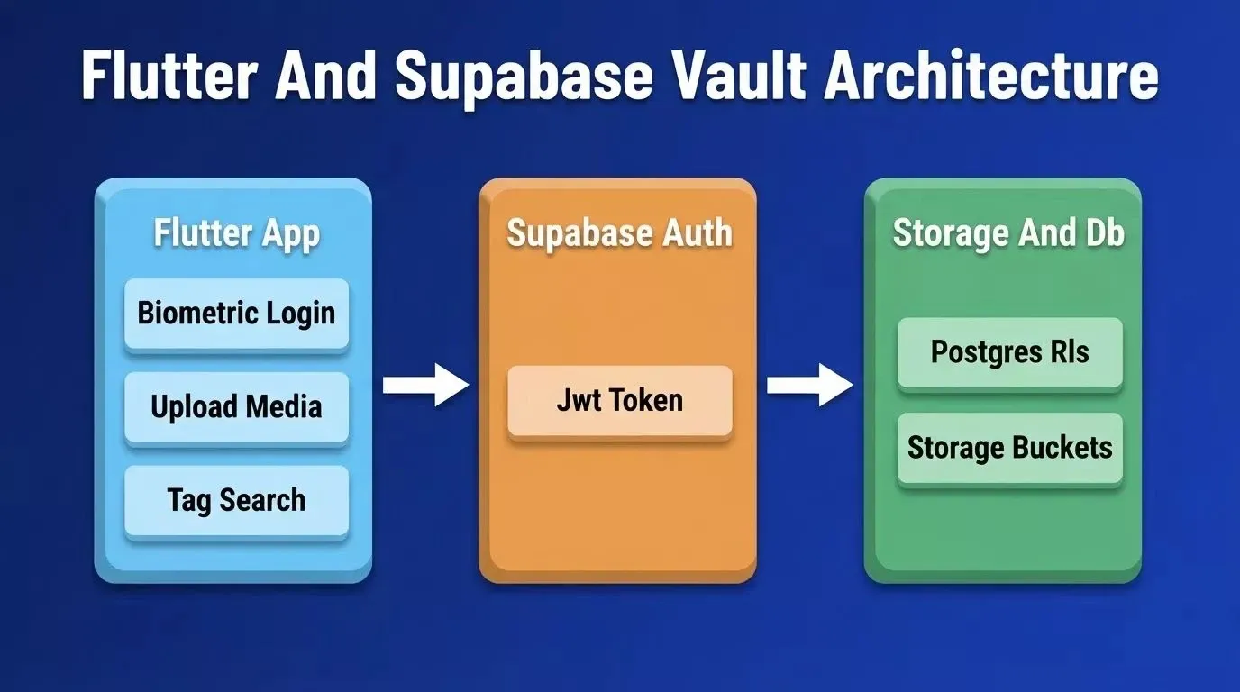 Vault Architecture: Flutter App with Biometric Login, Upload Media, Tag Search connecting via arrows through Supabase Auth JWT Token to Storage And Db with Postgres Rls and Storage Buckets