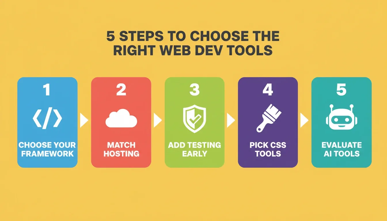Five steps to choosing the right web development tools shown as numbered colourful cards on a golden yellow background