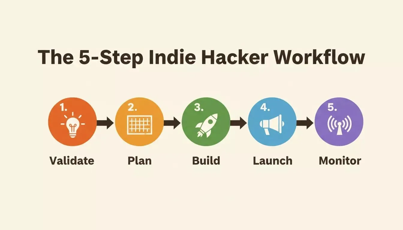 The 5-step indie hacker workflow: Validate, Plan, Build, Launch, Monitor