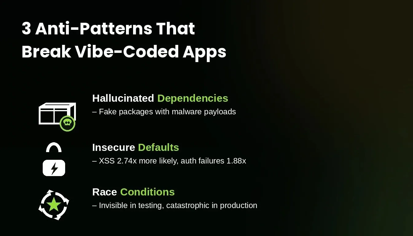 Three Anti-Patterns That Break Vibe-Coded Apps — hallucinated dependencies, insecure defaults, race conditions