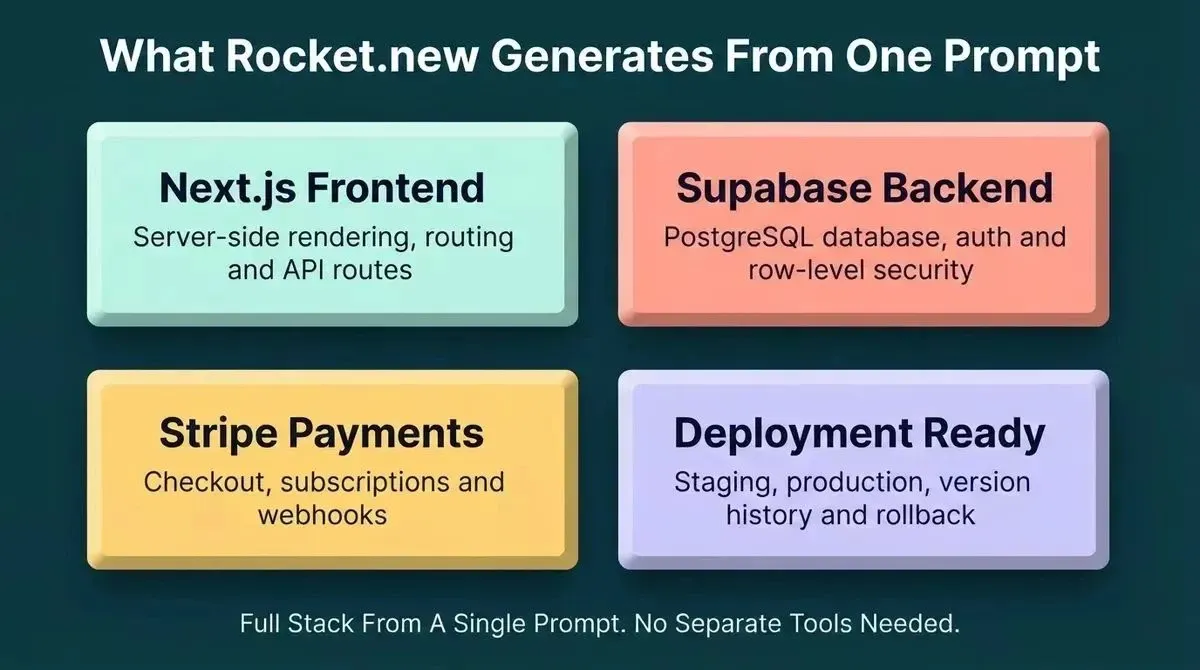 Rocket.new generates from one prompt: Next.js frontend, Supabase backend with PostgreSQL, Stripe payments, and deployment ready configuration
