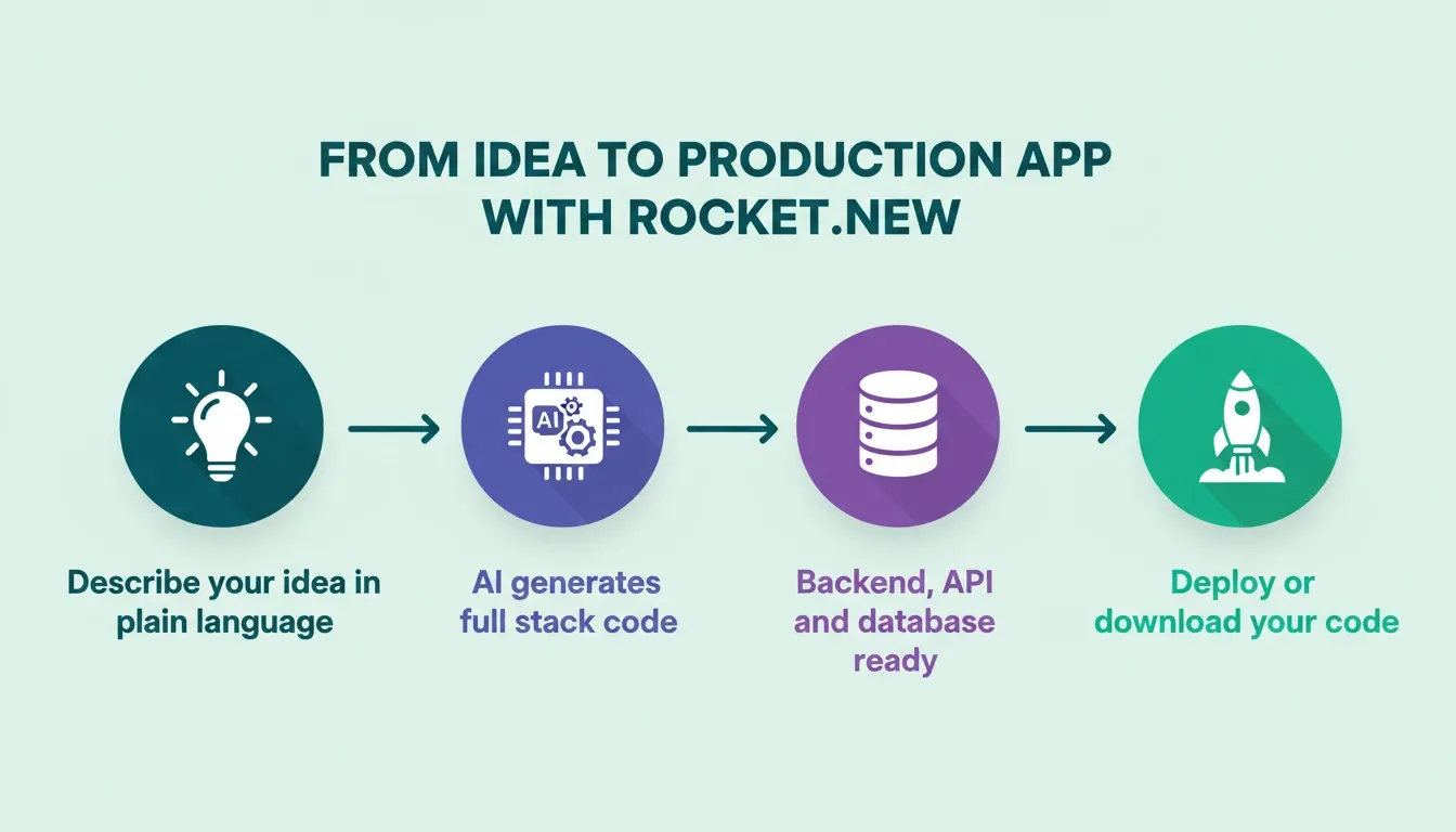 From Idea to Production App with Rocket.new: four-step workflow illustration