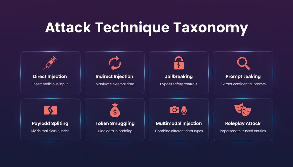 The eight primary prompt injection attack techniques every AI app builder should know and test against
