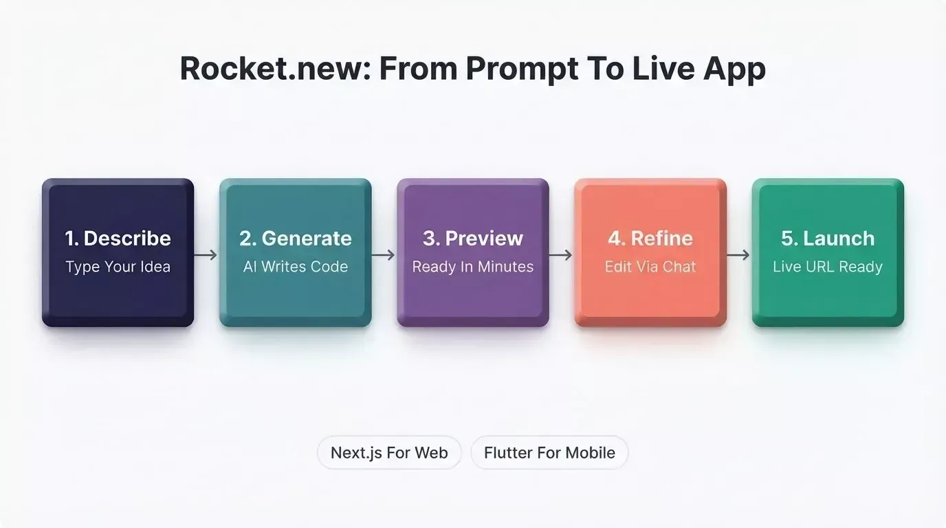 Rocket.new five-step workflow: Describe your idea, AI generates code, preview in minutes, refine via chat, launch live URL with Next.js for web and Flutter for mobile
