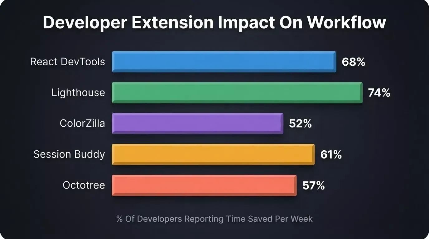 Developer Extension Impact On Workflow, horizontal bar chart showing percentage of developers reporting time saved per week