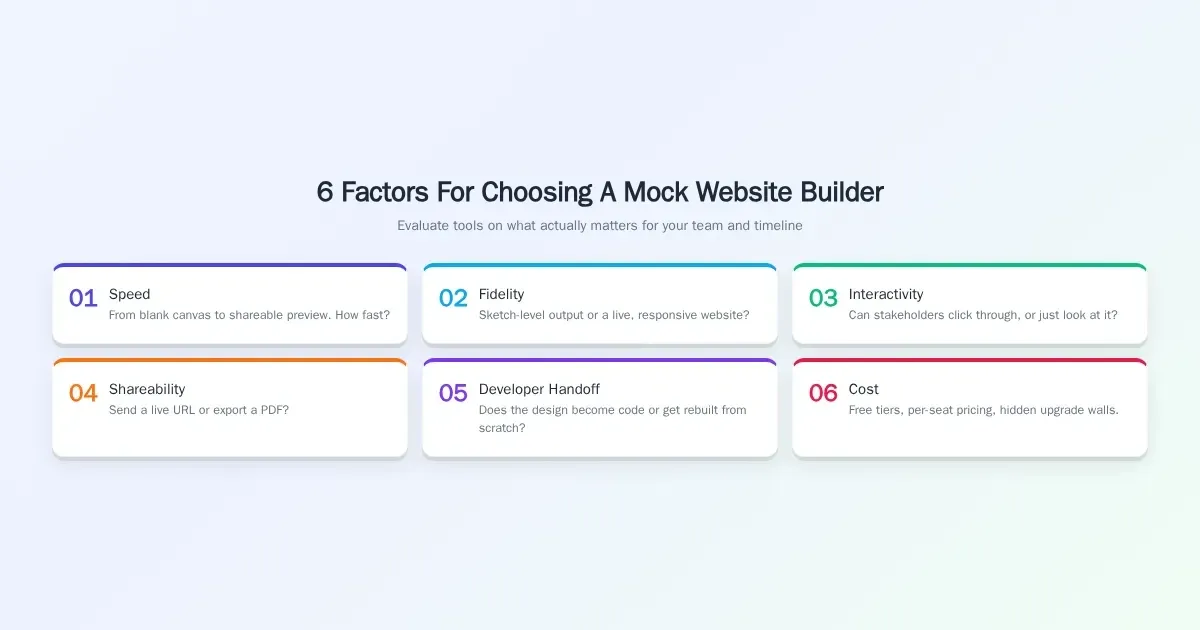 6 Factors For Choosing A Mock Website Builder — numbered cards for Speed, Fidelity, Interactivity, Shareability, Developer Handoff, Cost