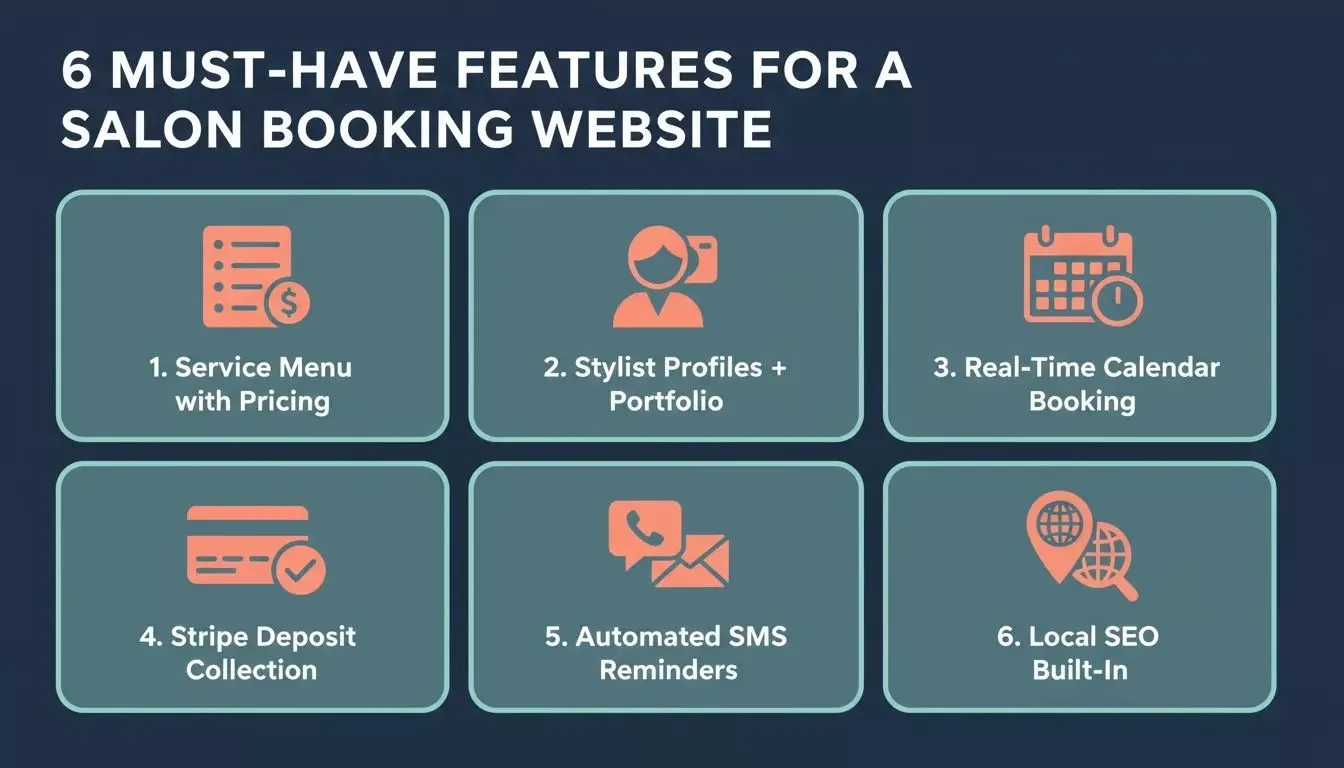 Six must-have features for a salon booking website: service menu, stylist profiles, real-time calendar, Stripe deposits, SMS reminders, local SEO