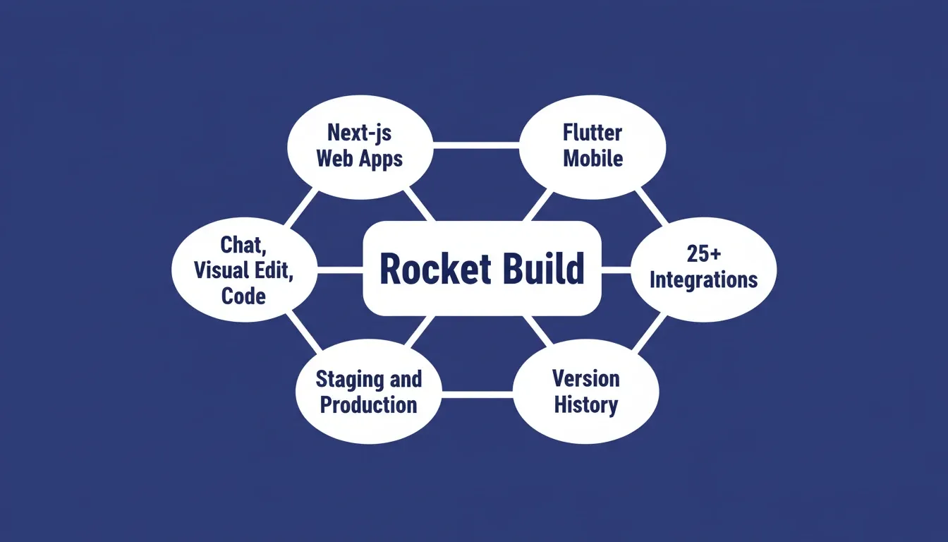 Rocket Build capabilities: Next.js Web Apps, Flutter Mobile, 25+ Integrations, Version History, Staging and Production, Chat, Visual Edit, Code