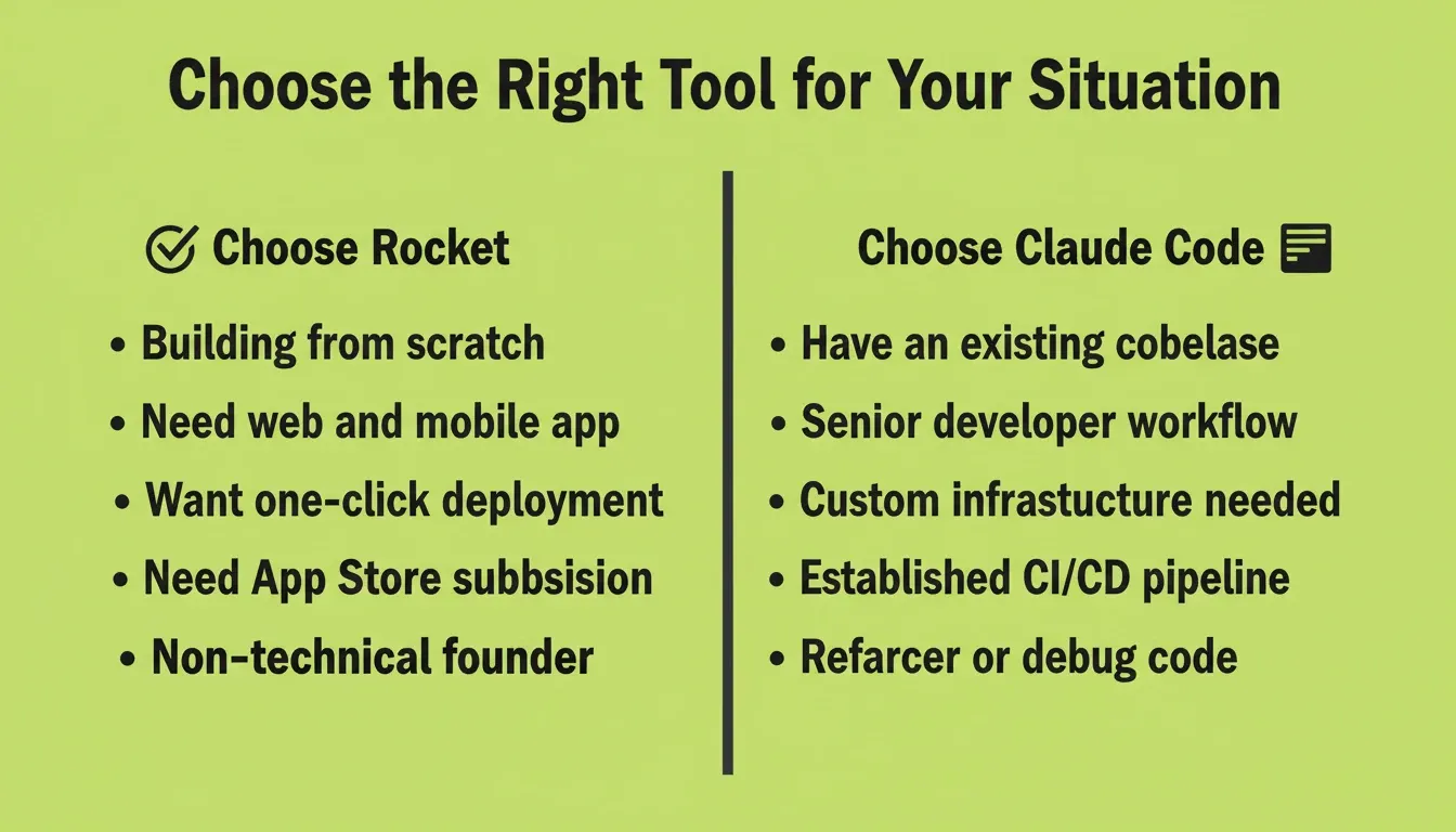 Choose the Right Tool: side-by-side decision guide for Rocket versus Claude Code