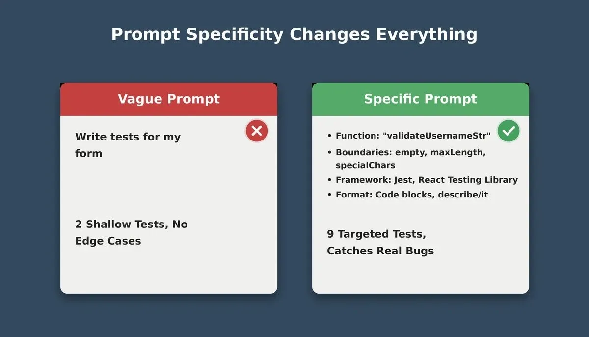 Vague Prompt card shows 2 shallow tests with no edge cases; Specific Prompt card shows 9 targeted tests that catch real bugs