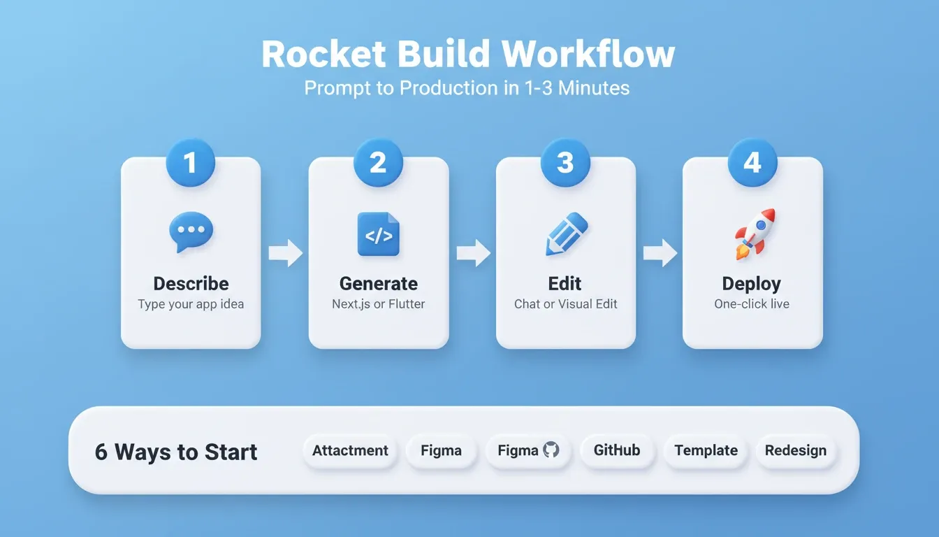 Rocket Build Workflow: from natural language prompt to deployed production app in 1 to 3 minutes