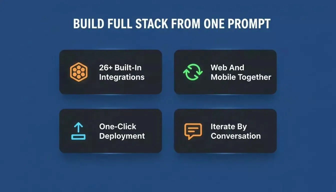 Build Full Stack From One Prompt: 26+ Built-In Integrations, Web And Mobile Together, One-Click Deployment, Iterate By Conversation