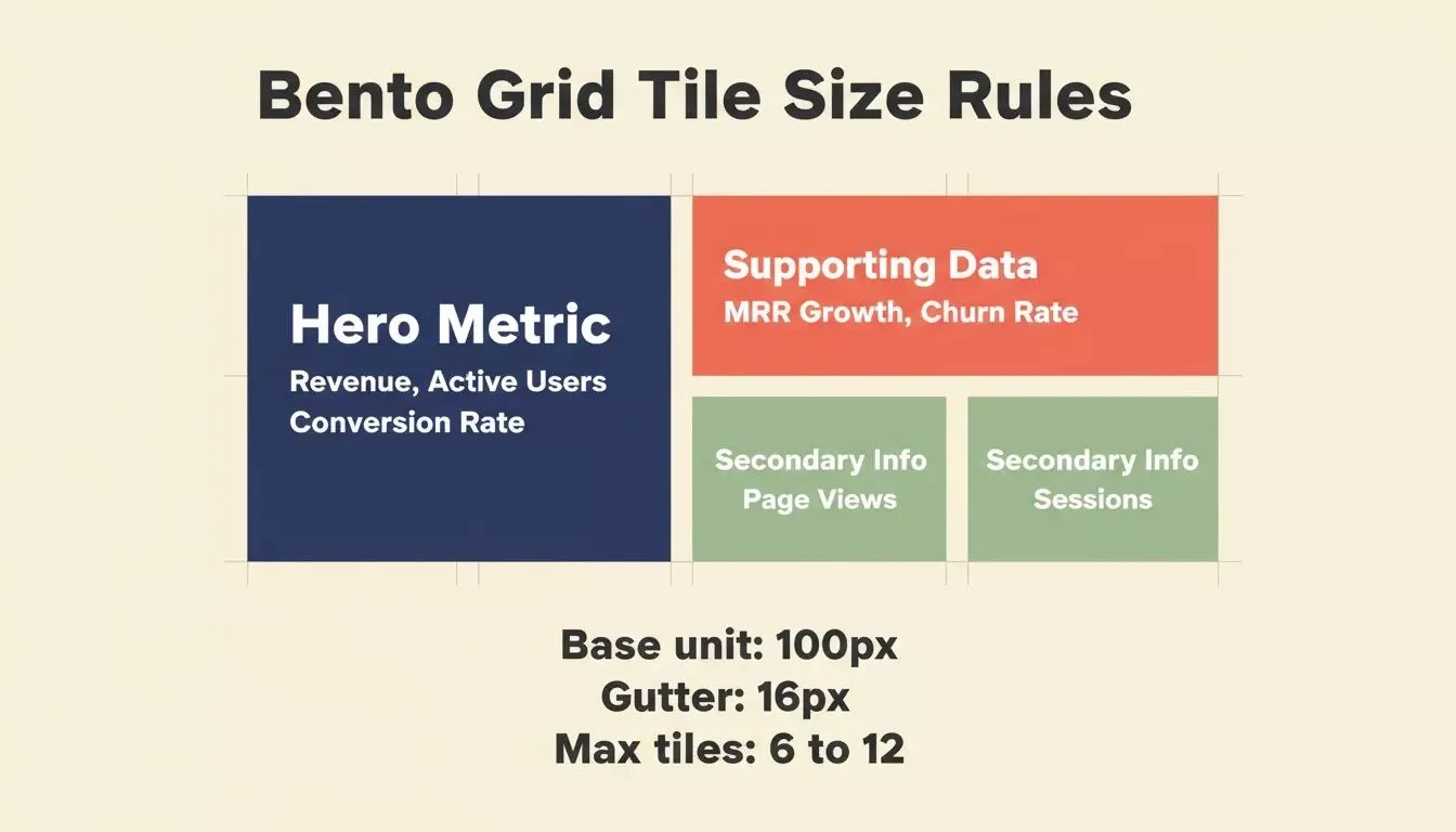 Bento Grid Tile Size Rules showing 2x2 hero, 2x1 wide, and 1x1 compact tiles