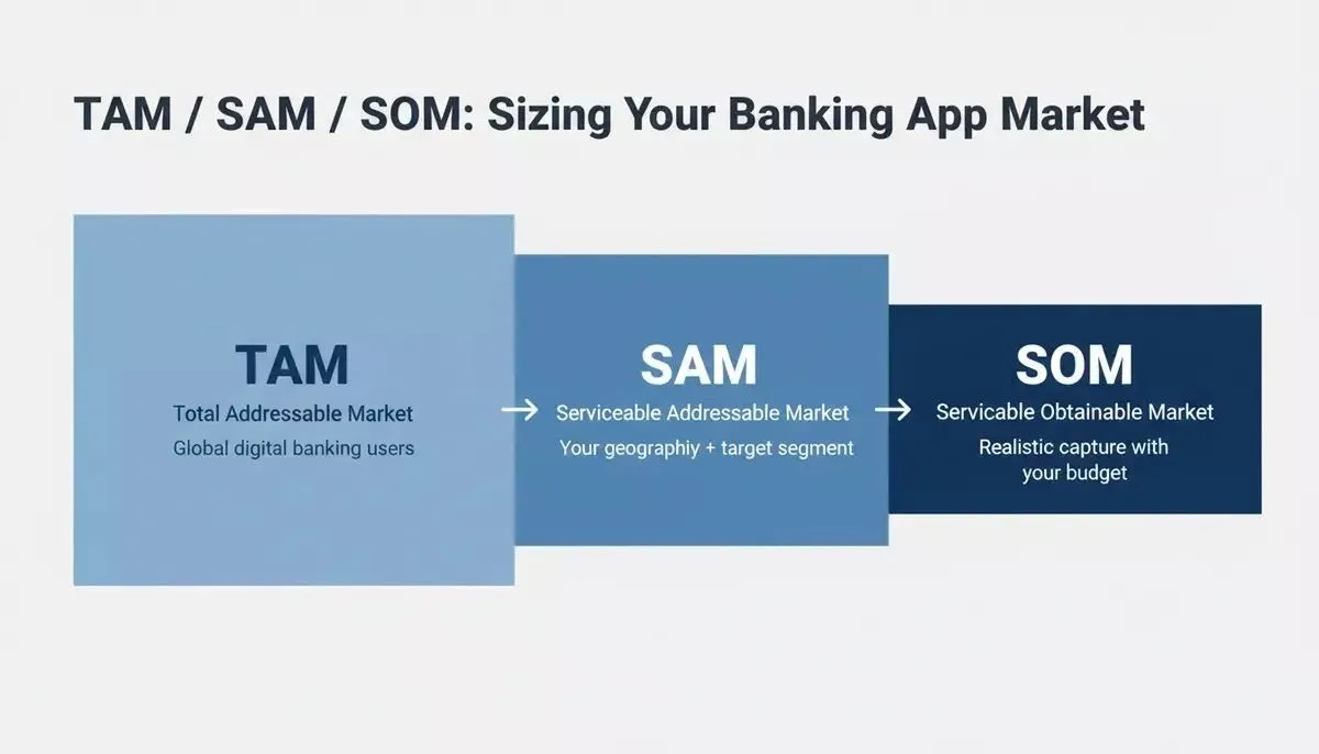 TAM/SAM/SOM applied to a digital banking concept: total addressable market narrows to your geography, audience, and differentiation