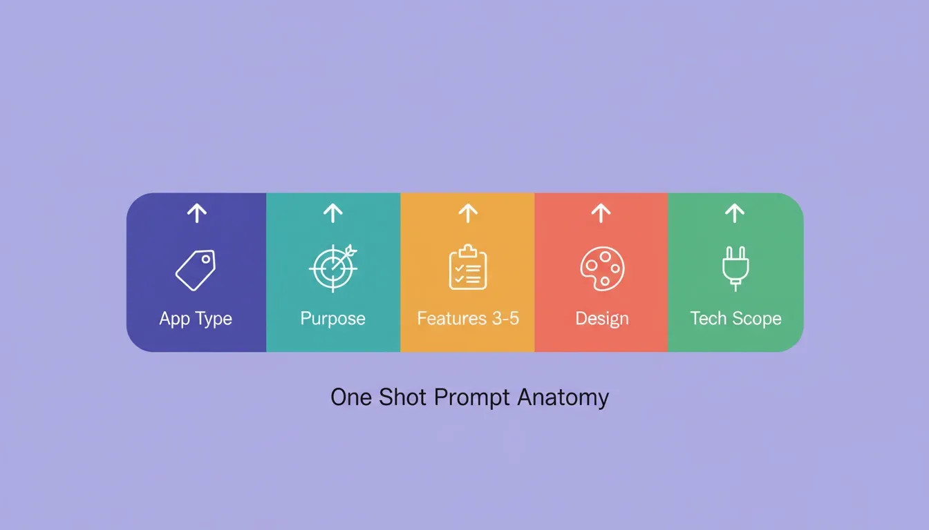 A well-structured one-shot prompt has five distinct signal segments: App Type, Purpose, Features, Design, and Tech Scope