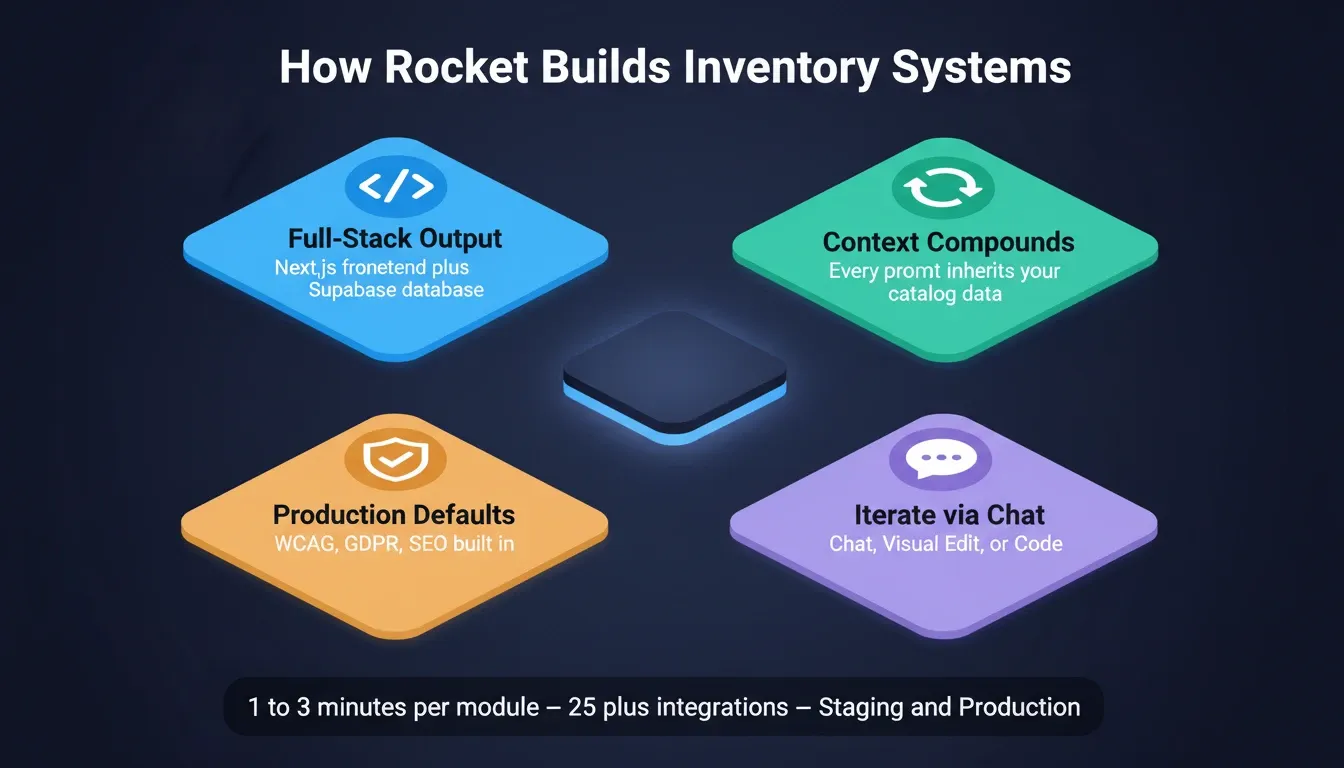 How Rocket builds inventory systems on dark navy background showing four radiating panels