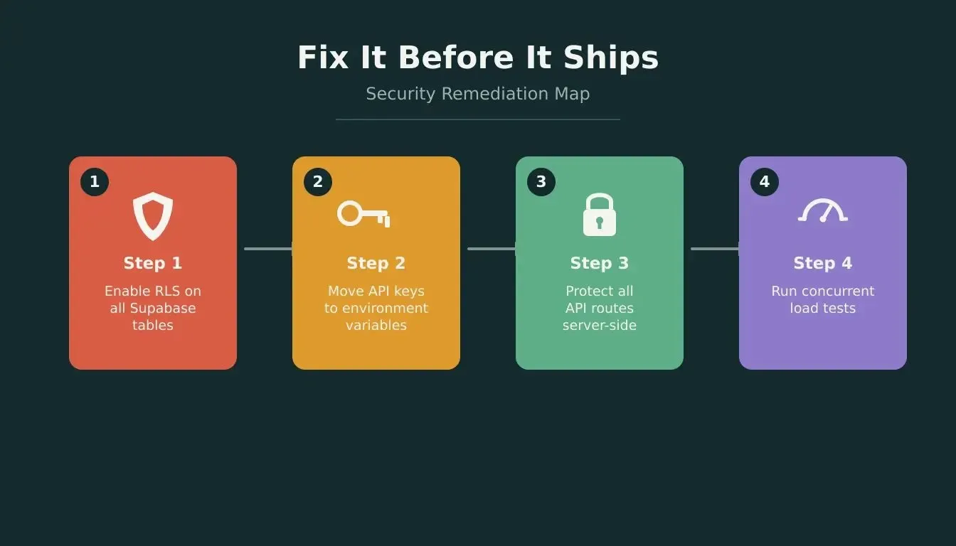 Security Remediation Map — four-step fix process from RLS to load testing