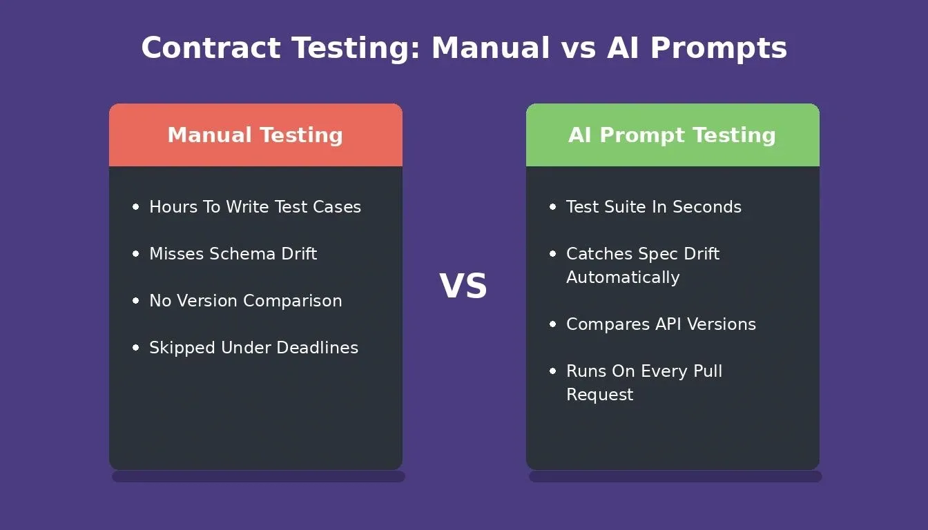 Manual contract testing versus AI prompt testing showing AI prompts generate test suites faster, catch spec drift, and run on every pull request