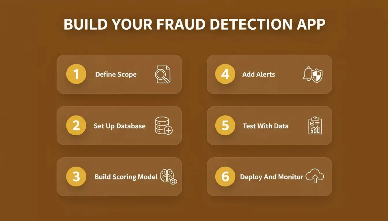 Six steps to build a fraud detection app: Define Scope, Set Up Database, Build Scoring Model, Add Alerts, Test With Data, Deploy And Monitor