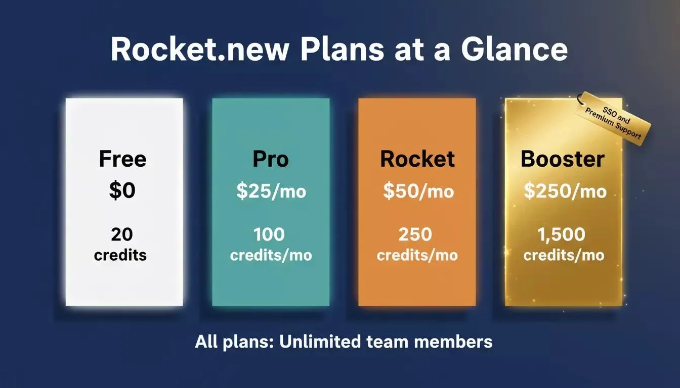 Rocket.new Plans at a Glance — four pricing tier cards from Free to Booster