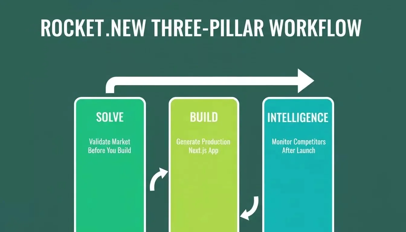 Rocket.new three-pillar workflow: Solve validates market, Build generates production app, Intelligence monitors competitors