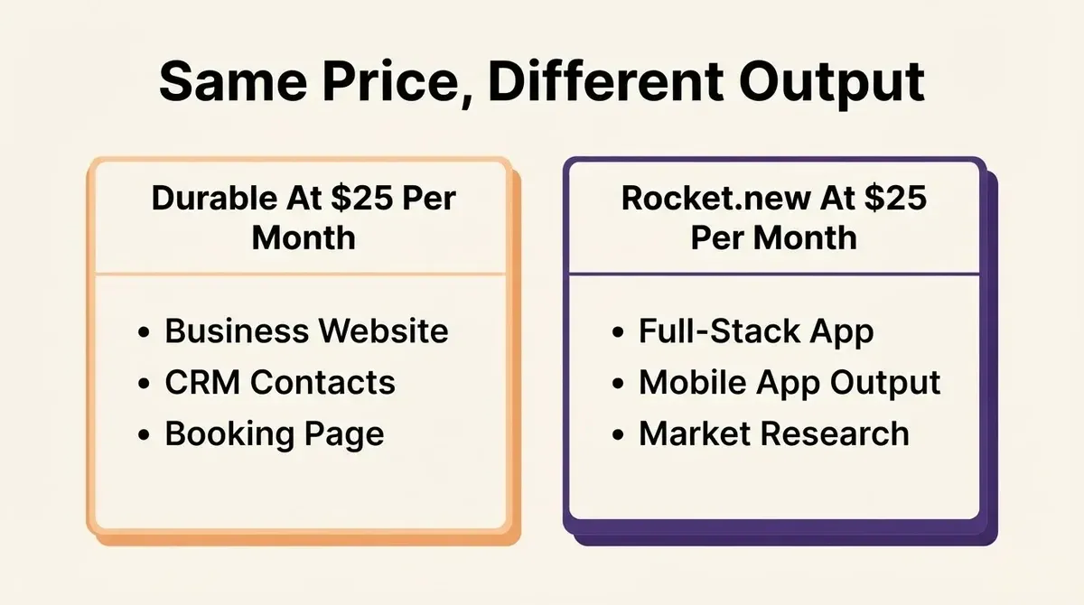 Pricing comparison: Durable at $25 per month for a business website and CRM versus Rocket.new at $25 per month for full-stack app generation and mobile output.