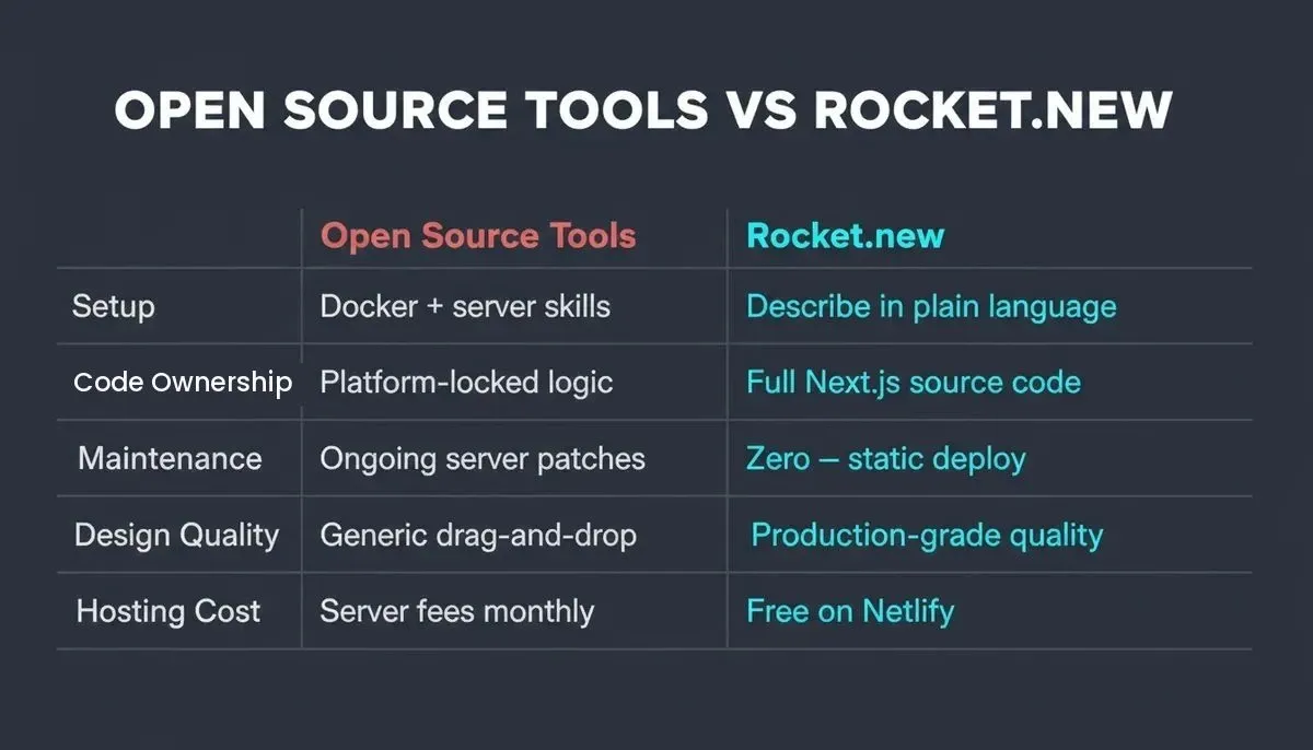 Comparison table: Open source self-hosted tools vs Rocket.new across setup, code ownership, maintenance, design quality, and hosting cost