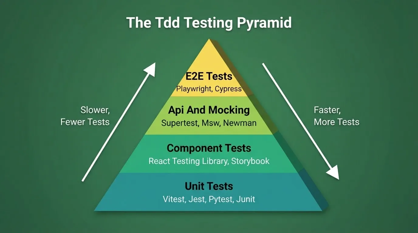 Testing pyramid with four layers: Unit Tests at the base using Vitest and Jest, Component Tests using React Testing Library, Api And Mocking using Supertest and MSW, E2E Tests at the top using Playwright and Cypress