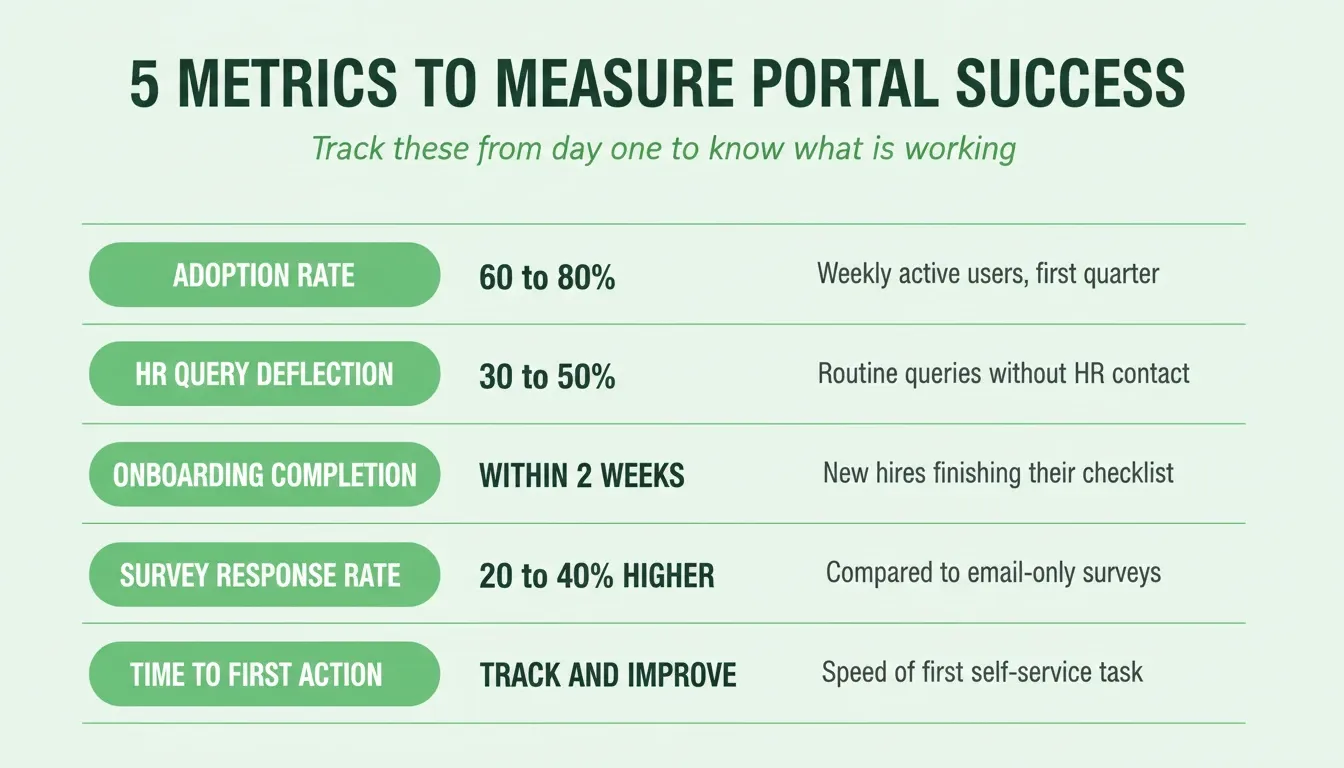 5 Metrics to Measure Portal Success — adoption rate, HR query deflection, onboarding completion, survey response rate, time to first action