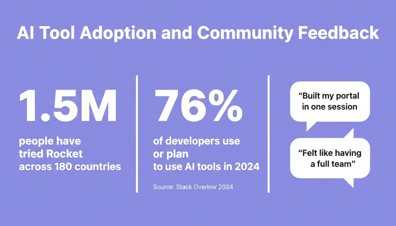 AI Tool Adoption: 1.5M people tried Rocket across 180 countries; 76% of developers use AI tools