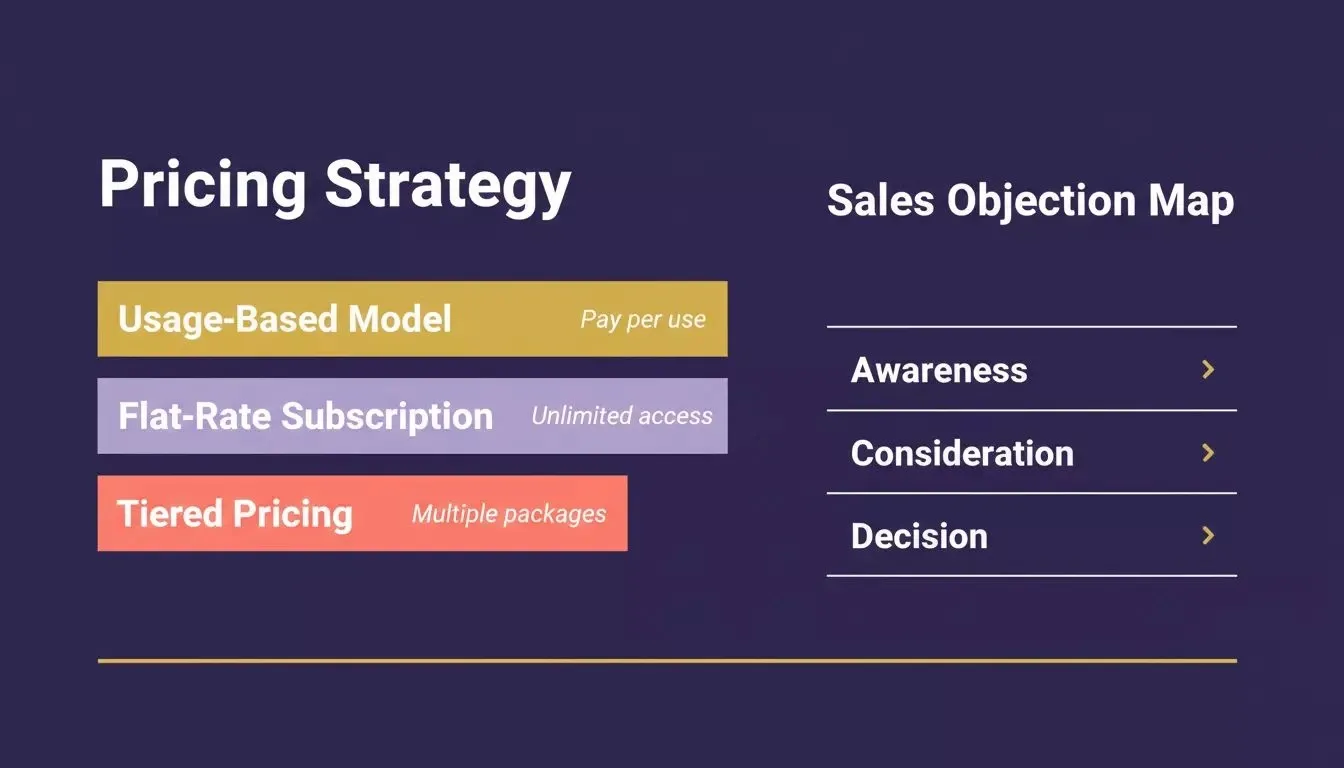 Pricing Strategy and Sales Objection Map visual showing three pricing model types and a three-stage funnel objection framework on deep purple background