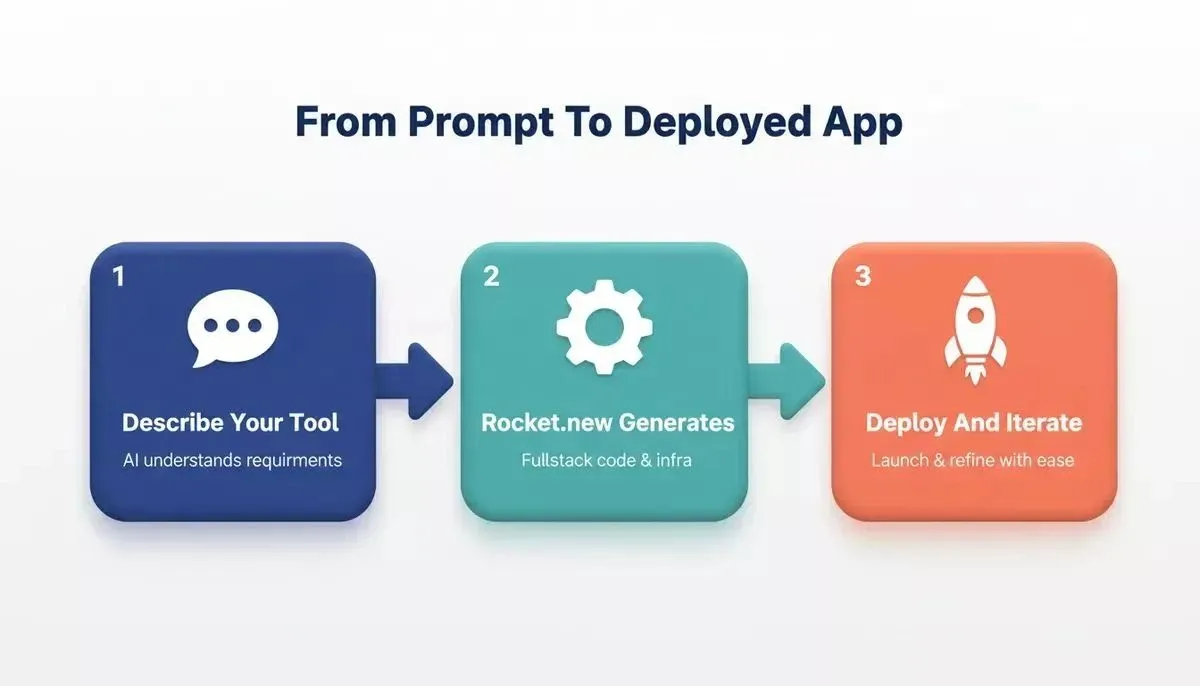 Three-step workflow diagram: Box 1 Describe Your Tool in indigo, Box 2 Rocket.new Generates in teal, Box 3 Deploy And Iterate in coral, showing the no-code build process