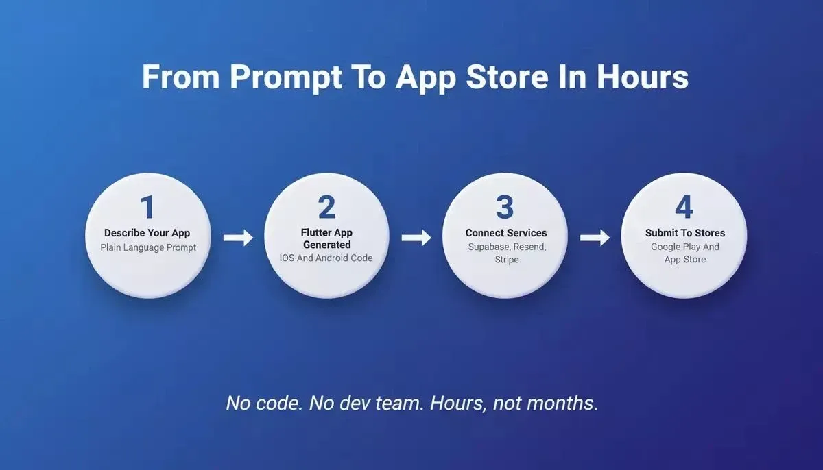 Rocket four-step workflow: Describe Your App, Flutter App Generated for iOS and Android, Connect Services with Supabase Resend Stripe, Submit to Stores on Google Play and App Store