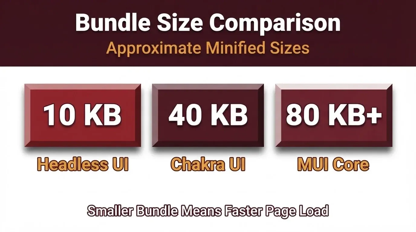 Bundle size comparison showing Headless UI at 10KB, Chakra UI at 40KB, and MUI Core at 80KB plus, with note that smaller bundle means faster page load