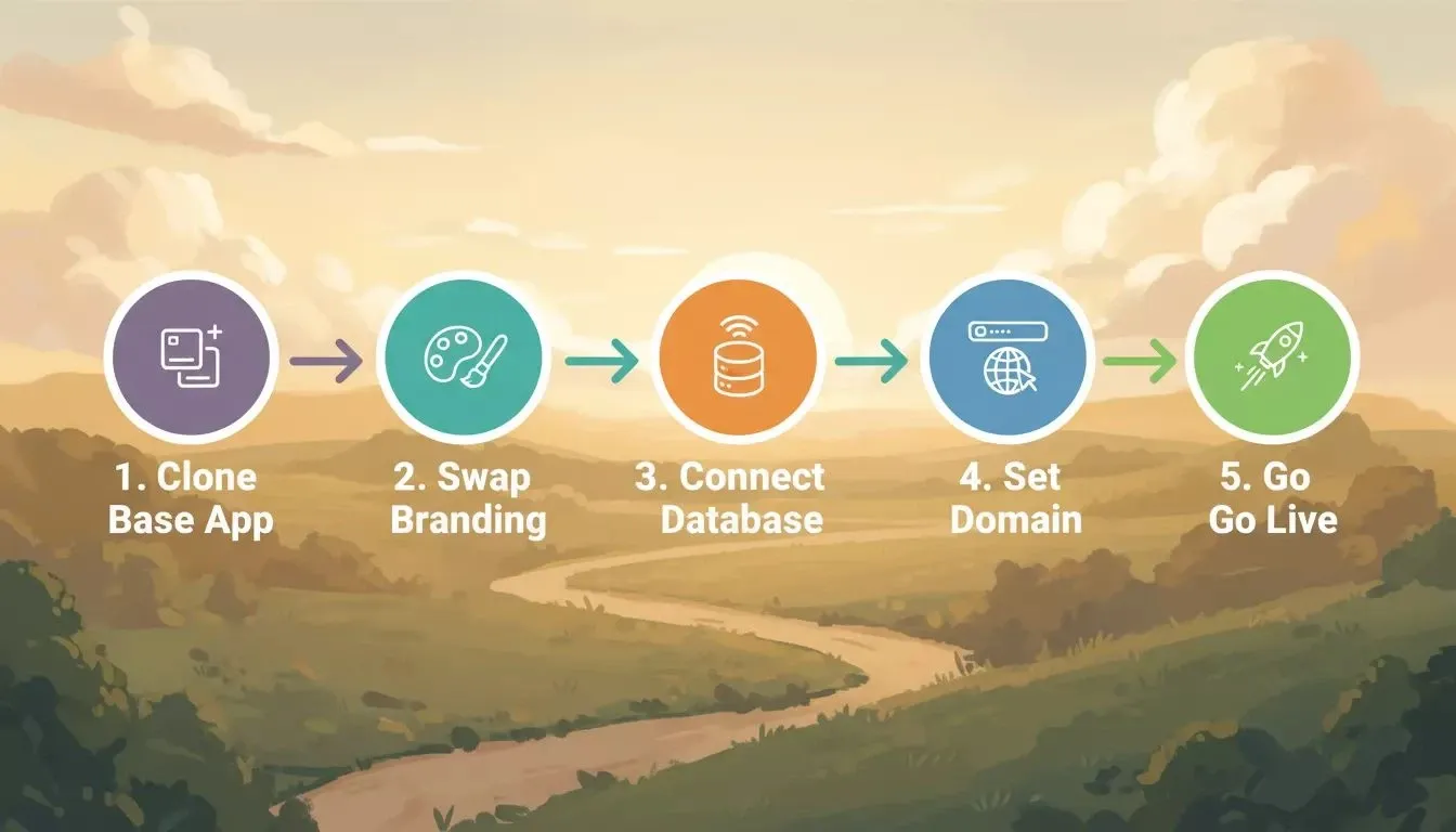 Five-step client onboarding timeline: Clone Base App, Swap Branding, Connect Database, Set Domain, Go Live