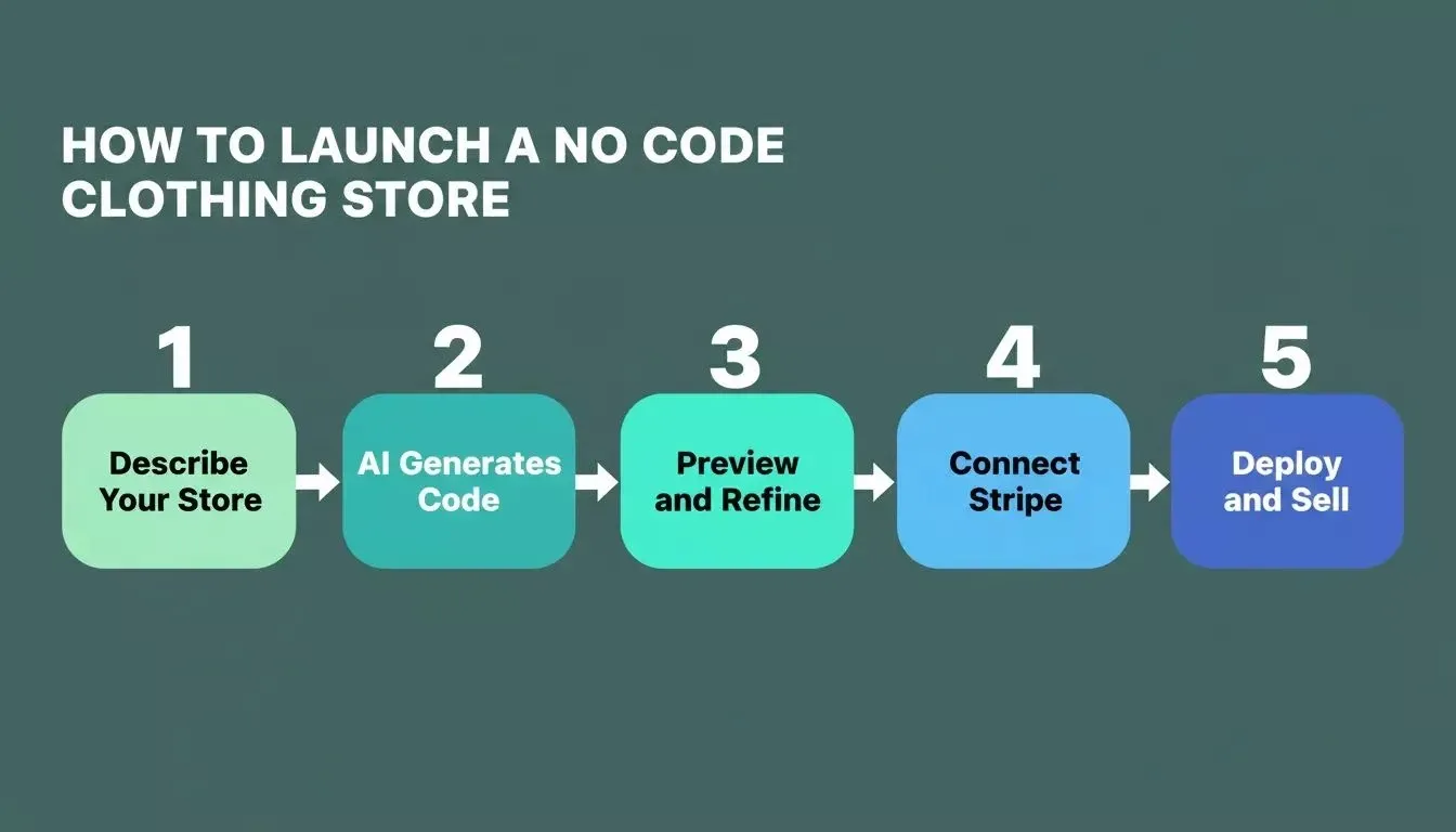 How to Launch a No Code Clothing Store — five-step process flow from description to deployment