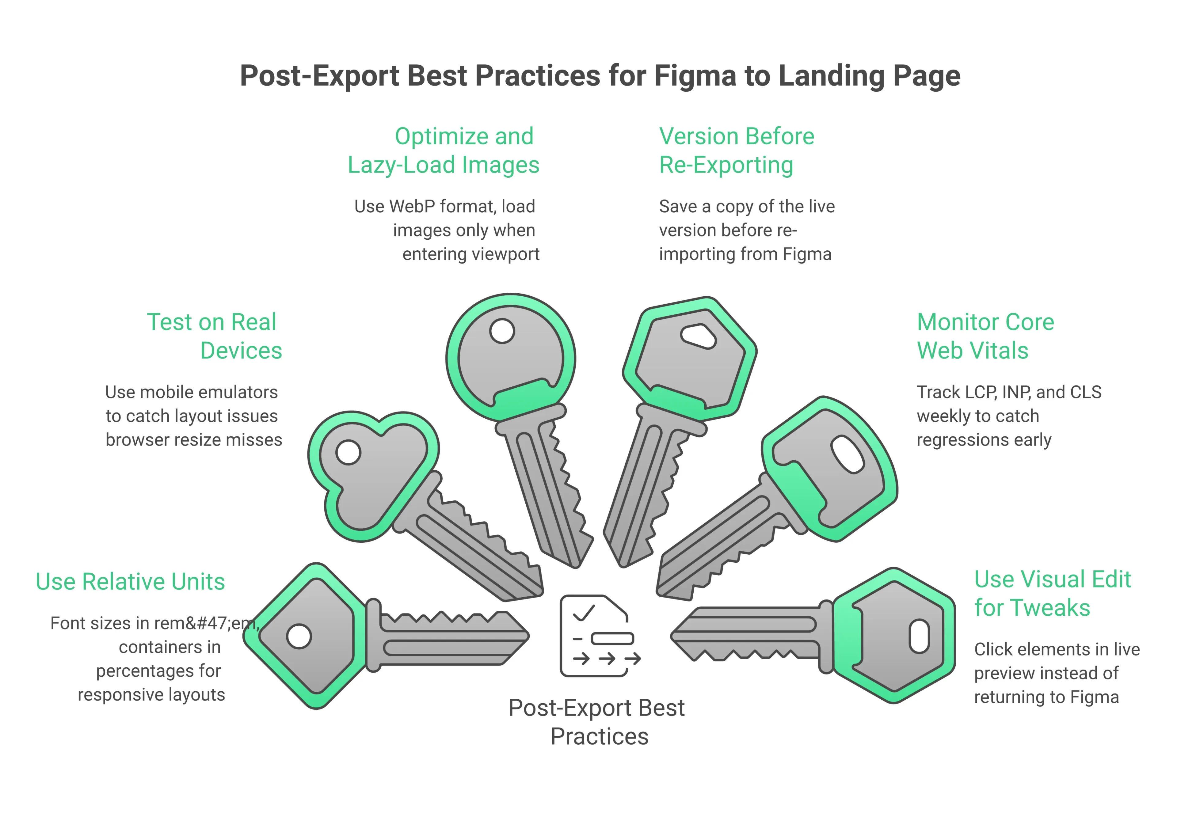 Post-Export Best Practices — six practices with icons: relative units, real device testing, image optimization, versioning, Core Web Vitals monitoring, and Visual Edit